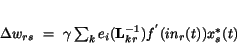 \begin{displaymath}
\Delta w_{rs}~=~\gamma
\sum_{k} e_{i} {({\bf L}^{-1}_{kr})}
f^{'}(in_{r}(t)) x_{s}^{*}(t)
\end{displaymath}